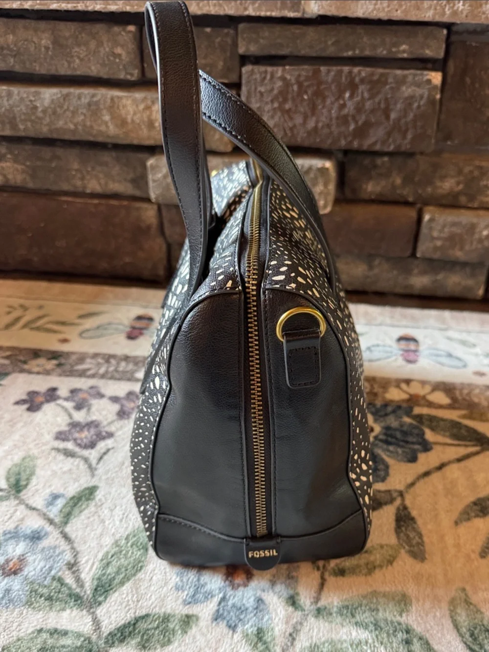 Fossil Black Satchel with Cream Speckle Print